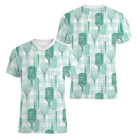 Aloha Hawaii Vintage Kahili Pa'a Lima Women V-Neck T-Shirt Palaka Print Mossy Teal