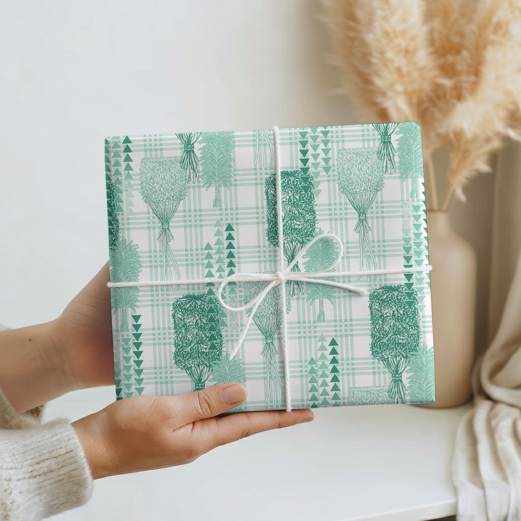 Aloha Hawaii Vintage Kahili Pa'a Lima Wrapping Paper Palaka Print Mossy Teal