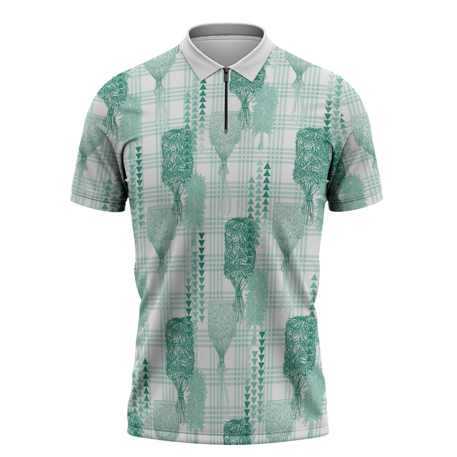 Aloha Hawaii Vintage Kahili Pa'a Lima Zipper Polo Shirt Palaka Print Mossy Teal LT7 Mossy Teal - Polynesian Pride
