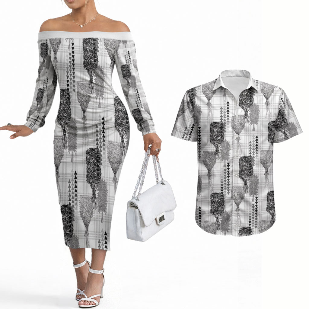Aloha Hawaii Vintage Kahili Pa'a Lima Couples Matching Off The Shoulder Long Sleeve Dress and Hawaiian Shirt Palaka Print Hinahina LT7 Gray - Polynesian Pride