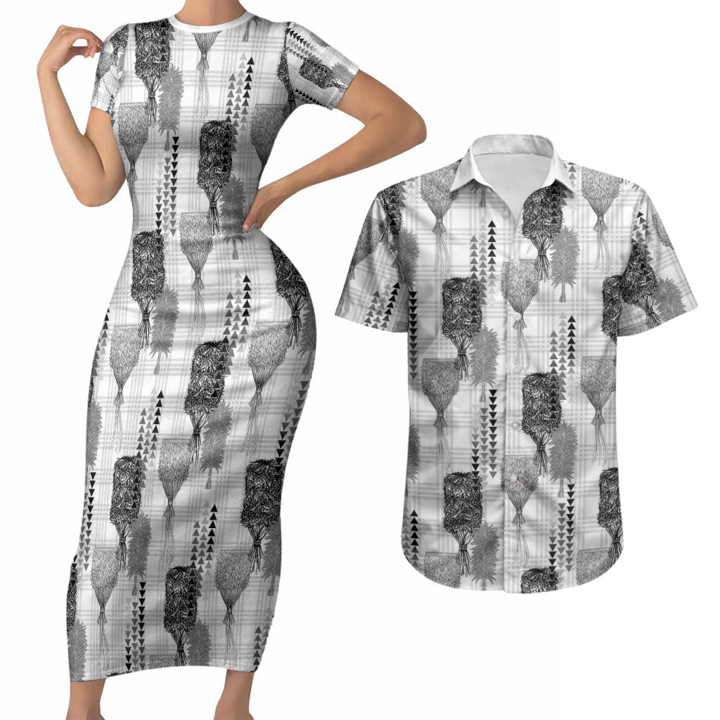 Aloha Hawaii Vintage Kahili Pa'a Lima Couples Matching Short Sleeve Bodycon Dress and Hawaiian Shirt Palaka Print Hinahina LT7 Gray - Polynesian Pride