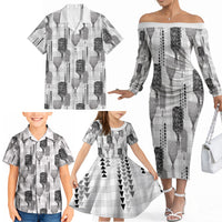 Aloha Hawaii Vintage Kahili Pa'a Lima Family Matching Off The Shoulder Long Sleeve Dress and Hawaiian Shirt Palaka Print Hinahina