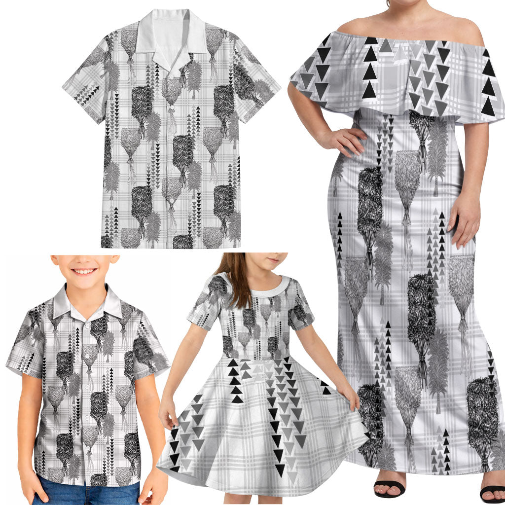 Aloha Hawaii Vintage Kahili Pa'a Lima Family Matching Off Shoulder Maxi Dress and Hawaiian Shirt Palaka Print Hinahina LT7 - Polynesian Pride