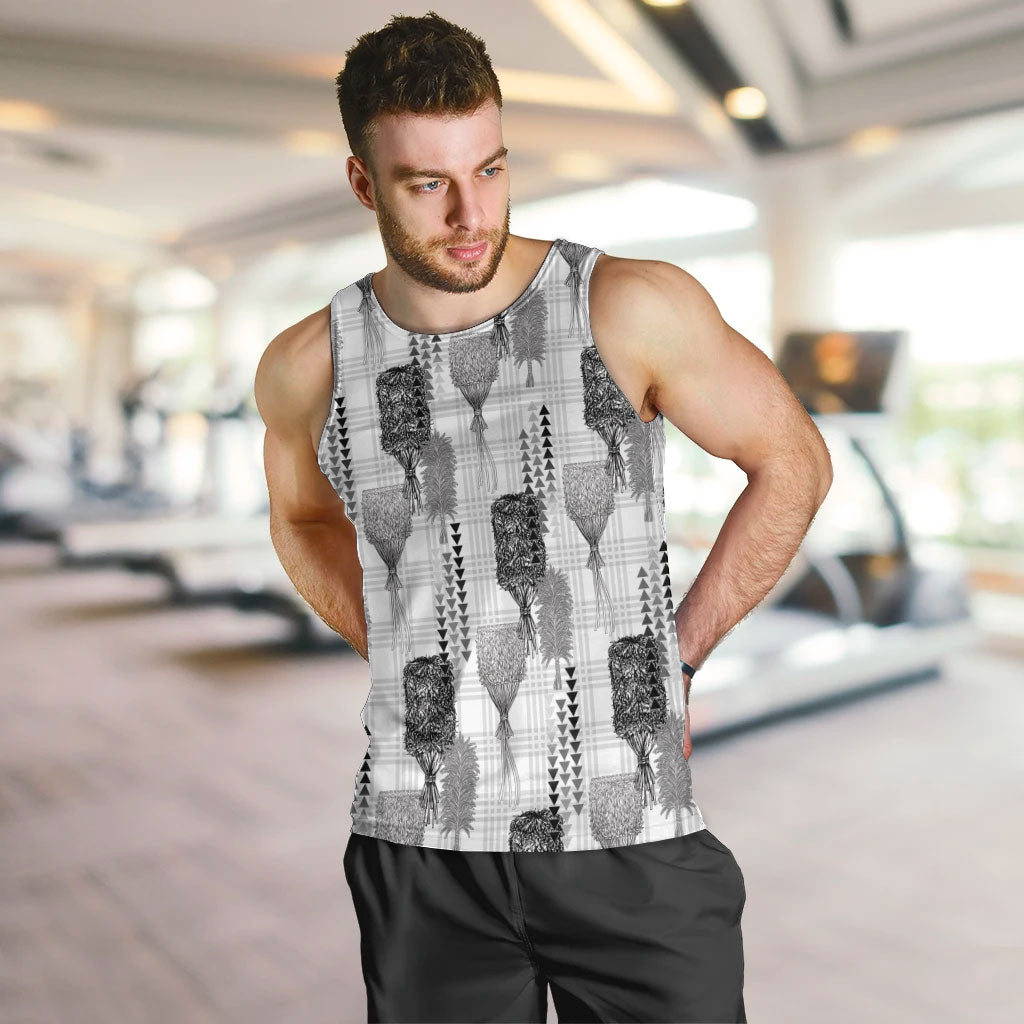 Aloha Hawaii Vintage Kahili Pa'a Lima Men Tank Top Palaka Print Hinahina LT7 Gray - Polynesian Pride