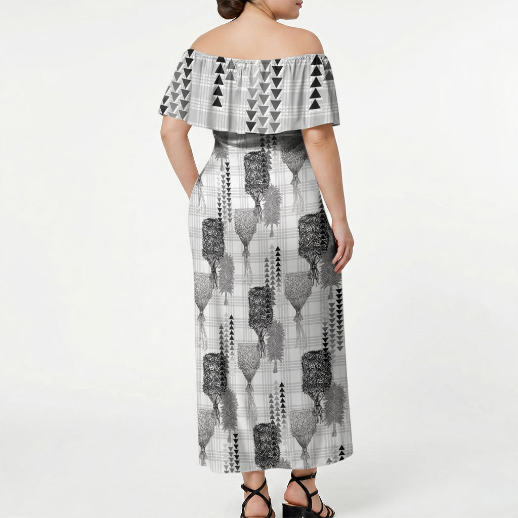 Aloha Hawaii Vintage Kahili Pa'a Lima Off Shoulder Maxi Dress Palaka Print Hinahina