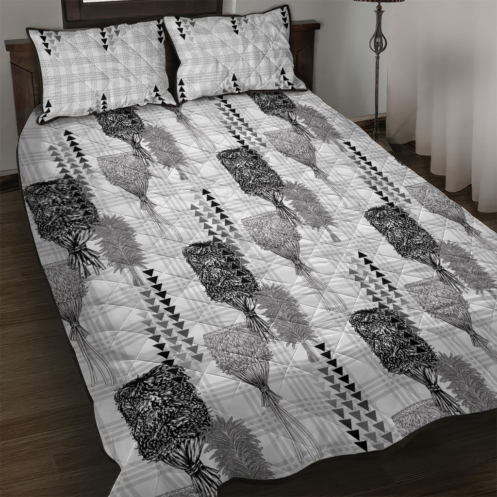 Aloha Hawaii Vintage Kahili Pa'a Lima Quilt Bed Set Palaka Print Hinahina LT7 Gray - Polynesian Pride