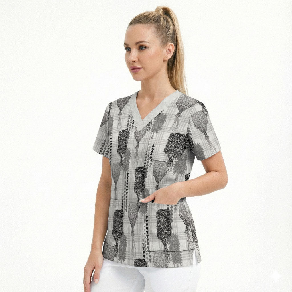 Aloha Hawaii Vintage Kahili Pa'a Lima Scrub Top Palaka Print Hinahina