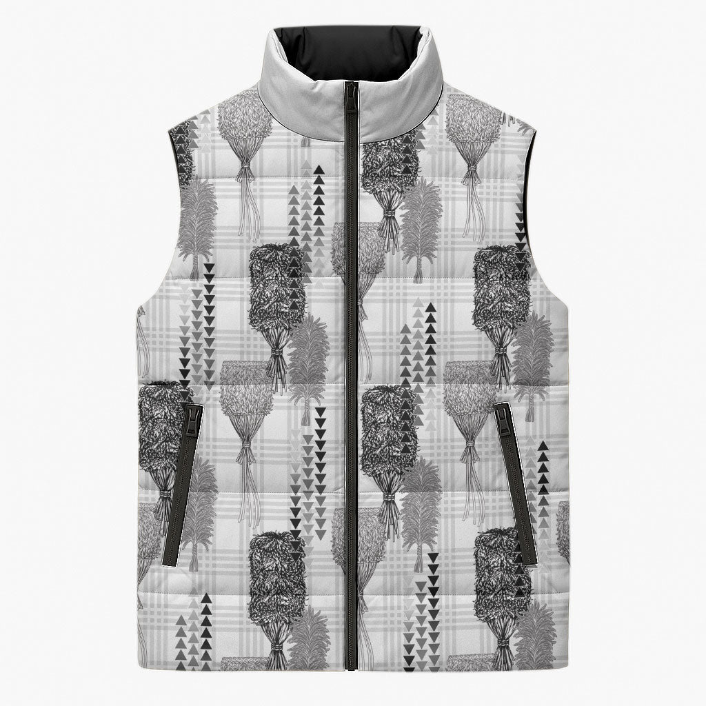 Aloha Hawaii Vintage Kahili Pa'a Lima Sleeveless Puffer Jacket Palaka Print Hinahina LT7 Unisex Gray - Polynesian Pride