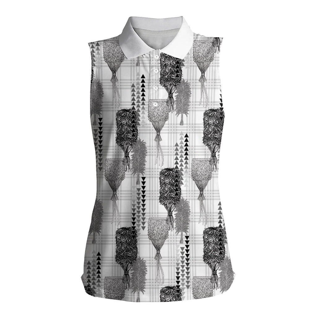 Aloha Hawaii Vintage Kahili Pa'a Lima Women Sleeveless Polo Shirt Palaka Print Hinahina LT7 Female Gray - Polynesian Pride