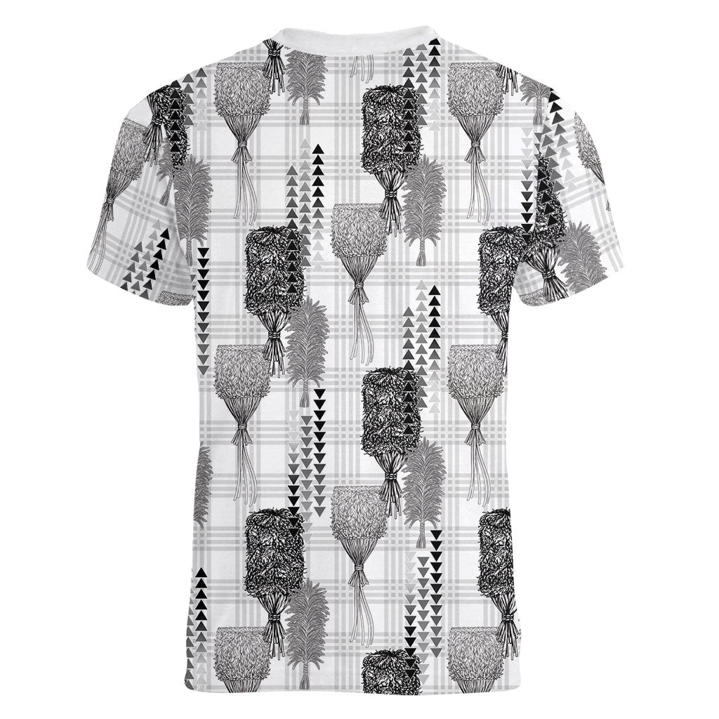 Aloha Hawaii Vintage Kahili Pa'a Lima Women V-Neck T-Shirt Palaka Print Hinahina