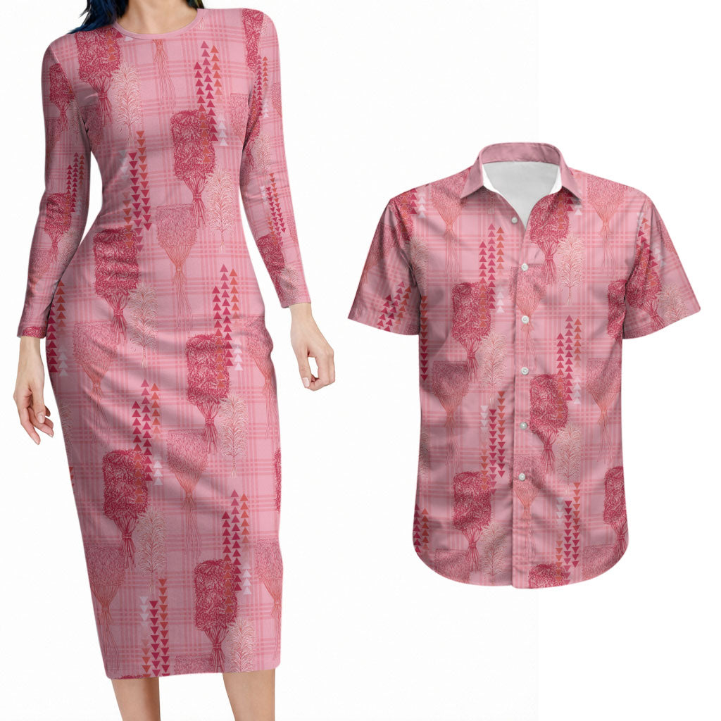 Aloha Hawaii Vintage Kahili Pa'a Lima Couples Matching Long Sleeve Bodycon Dress and Hawaiian Shirt Palaka Print Berry Pink