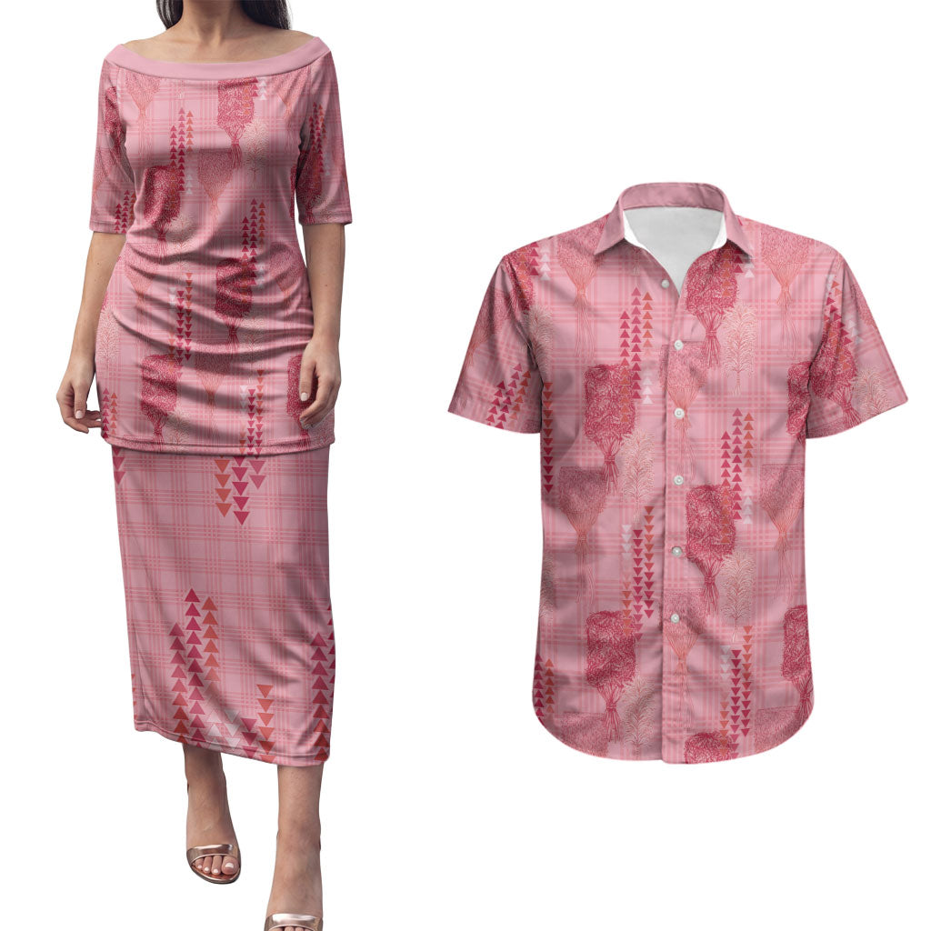Aloha Hawaii Vintage Kahili Pa'a Lima Couples Matching Puletasi and Hawaiian Shirt Palaka Print Berry Pink LT7 Pink - Polynesian Pride
