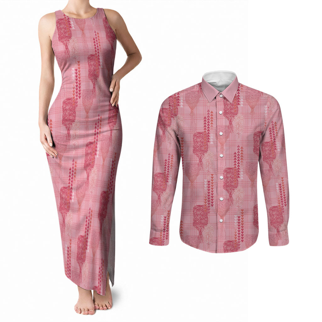 Aloha Hawaii Vintage Kahili Pa'a Lima Couples Matching Tank Maxi Dress and Long Sleeve Button Shirt Palaka Print Berry Pink