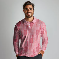 Aloha Hawaii Vintage Kahili Pa'a Lima Long Sleeve Polo Shirt Palaka Print Berry Pink