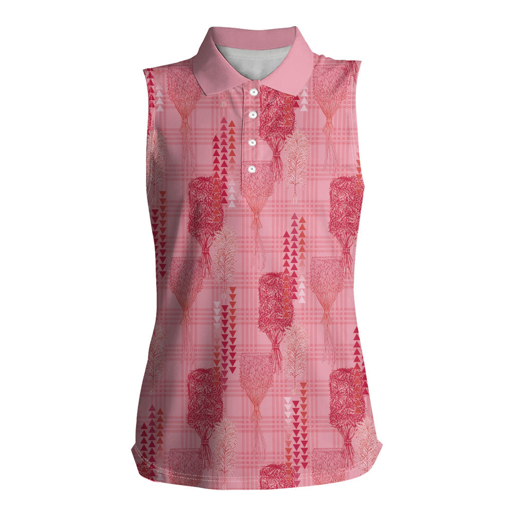 Aloha Hawaii Vintage Kahili Pa'a Lima Women Sleeveless Polo Shirt Palaka Print Berry Pink LT7 Female Pink - Polynesian Pride
