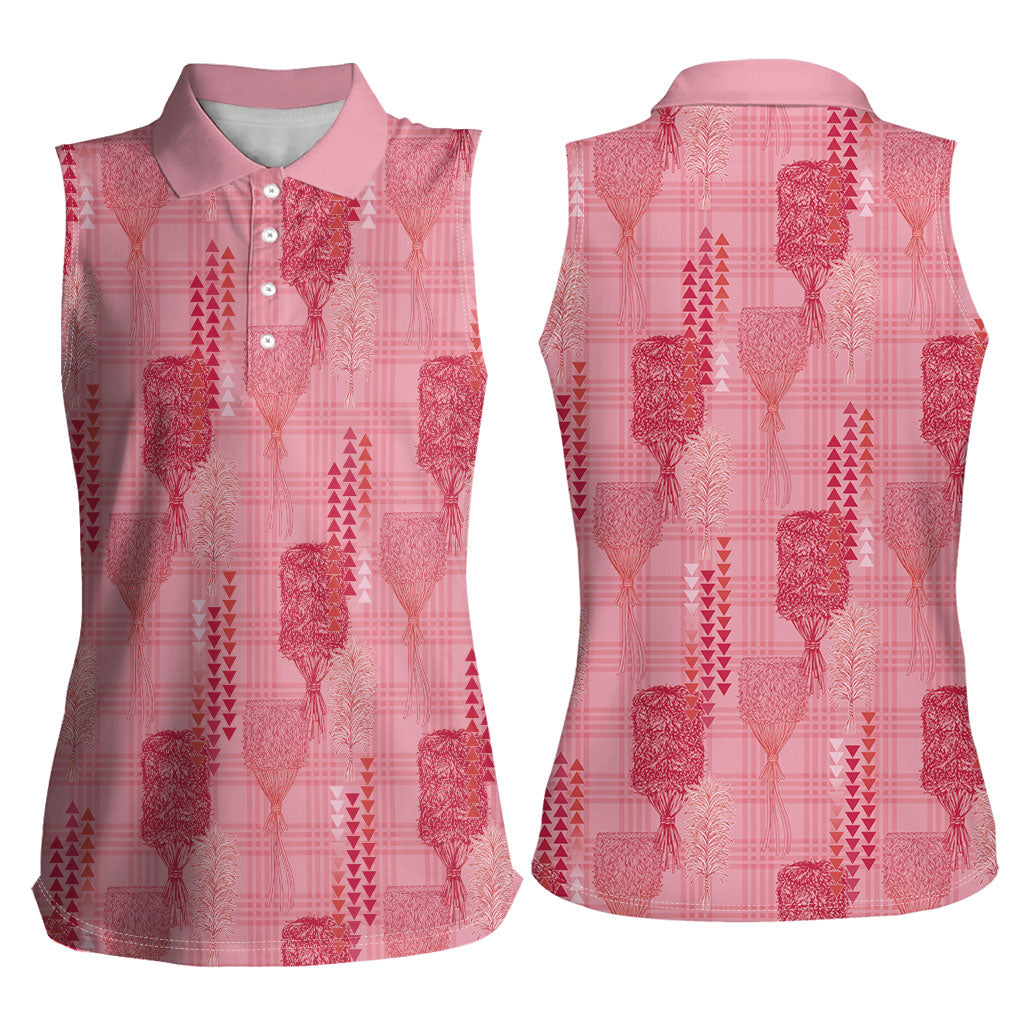 Aloha Hawaii Vintage Kahili Pa'a Lima Women Sleeveless Polo Shirt Palaka Print Berry Pink