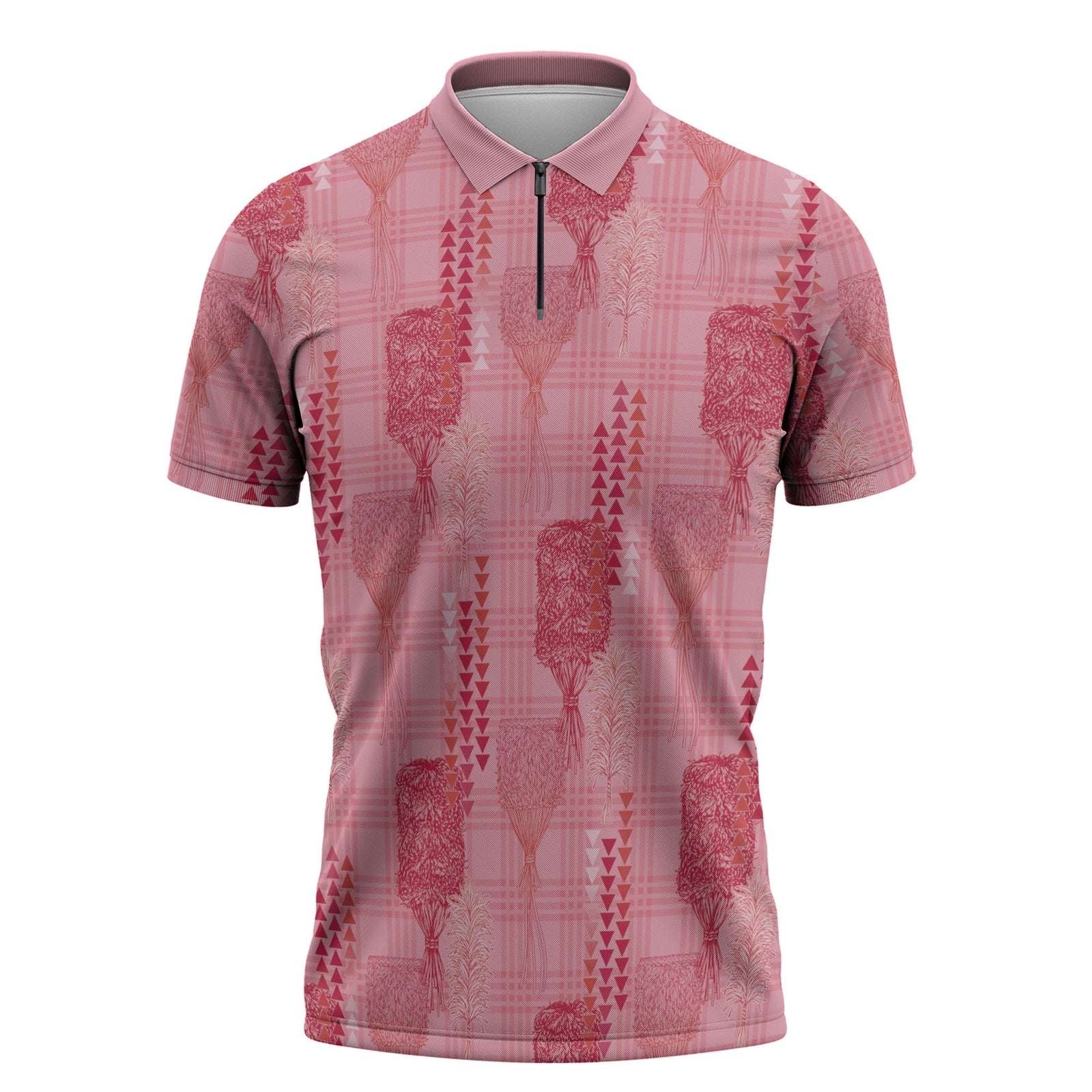 Aloha Hawaii Vintage Kahili Pa'a Lima Zipper Polo Shirt Palaka Print Berry Pink LT7 Pink - Polynesian Pride