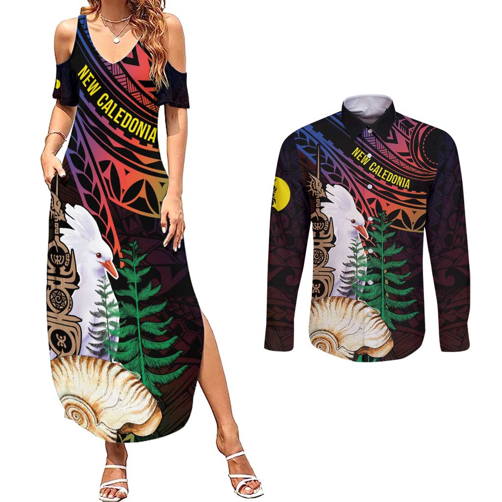 New Caledonia Kanaky Personalized Couples Matching Summer Maxi Dress and Long Sleeve Button Shirt Kagu Bird Emblem - Polynesian Pride