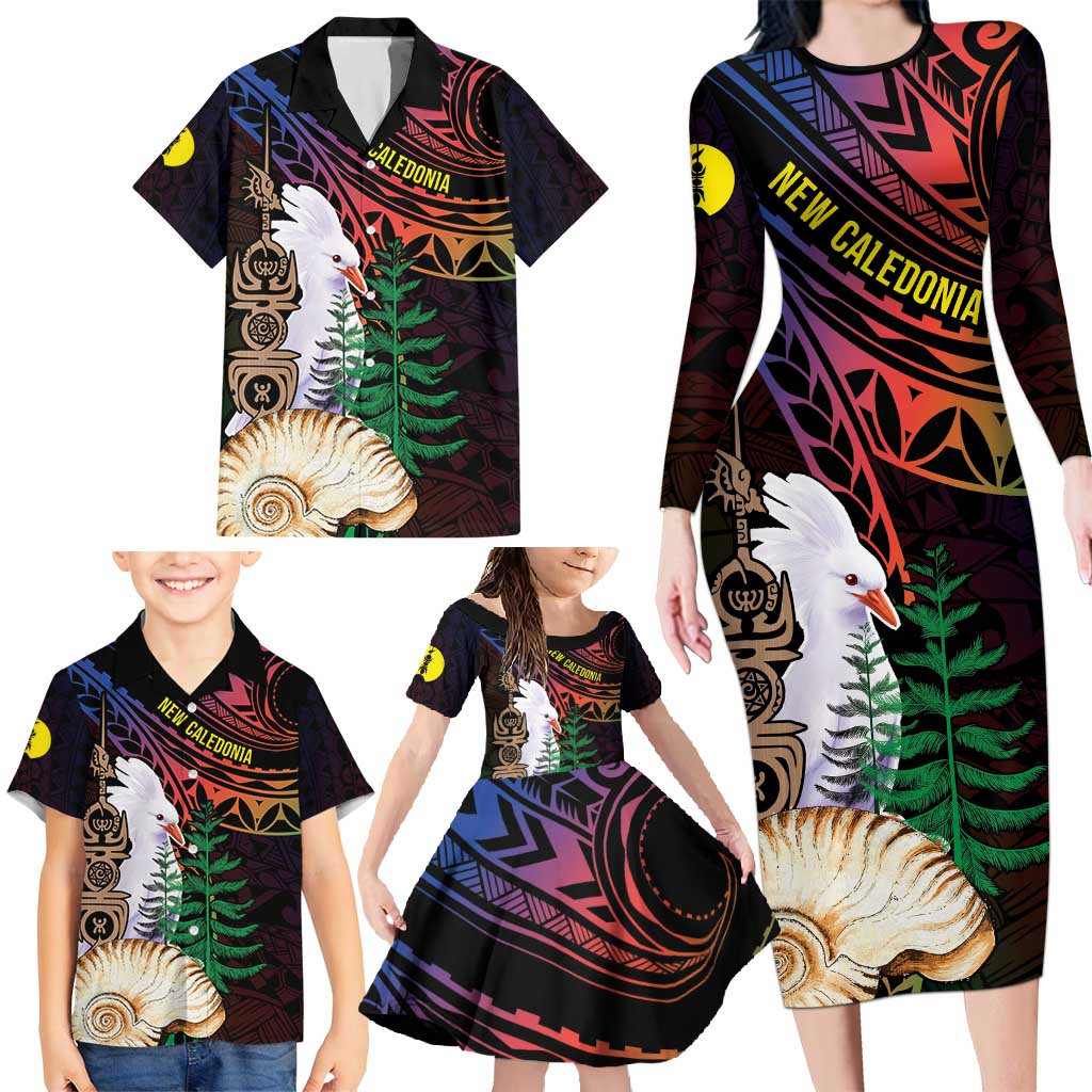 New Caledonia Kanaky Personalized Family Matching Long Sleeve Bodycon Dress and Hawaiian Shirt Kagu Bird Emblem LT7 - Polynesian Pride