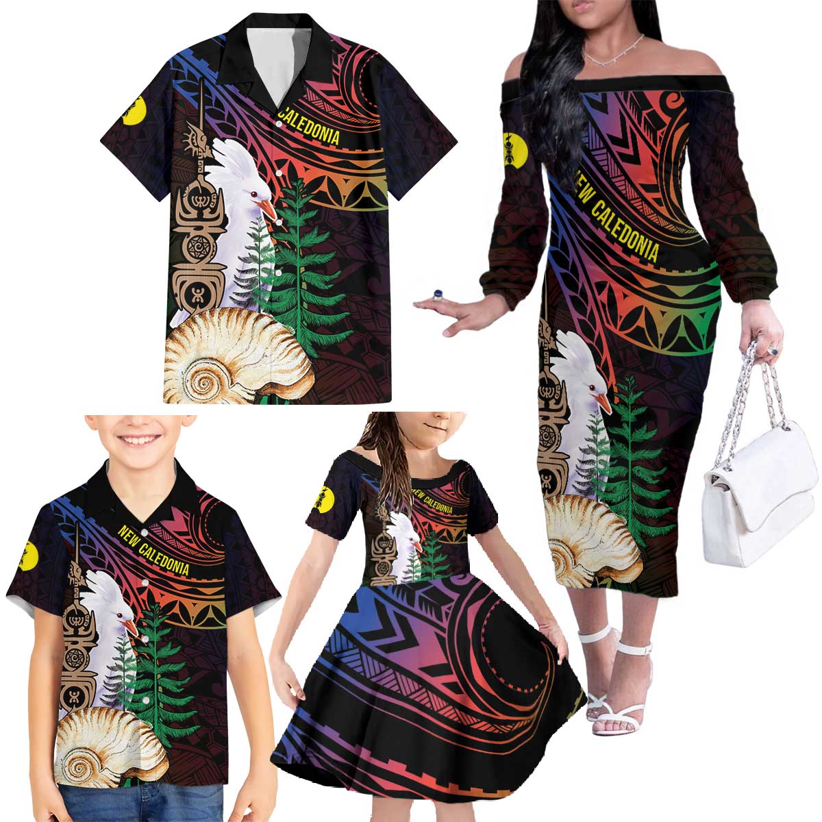 New Caledonia Kanaky Personalized Family Matching Off The Shoulder Long Sleeve Dress and Hawaiian Shirt Kagu Bird Emblem LT7 - Polynesian Pride