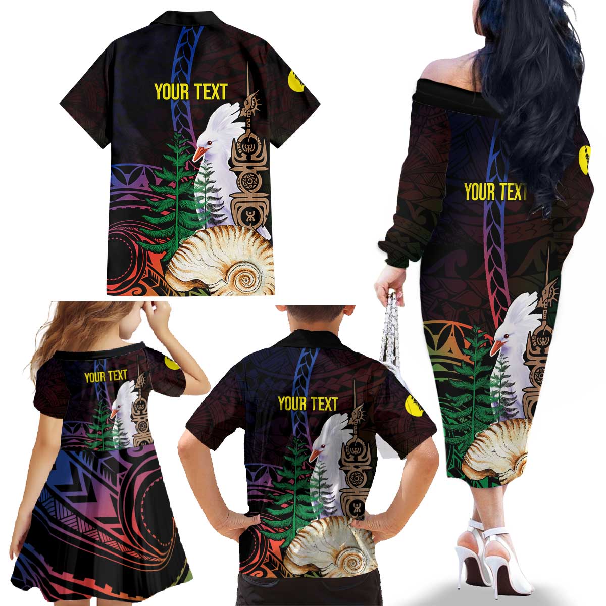 New Caledonia Kanaky Personalized Family Matching Off The Shoulder Long Sleeve Dress and Hawaiian Shirt Kagu Bird Emblem LT7 - Polynesian Pride