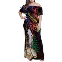 New Caledonia Kanaky Personalized Family Matching Off Shoulder Maxi Dress and Hawaiian Shirt Kagu Bird Emblem LT7 Mom's Dress Black - Polynesian Pride