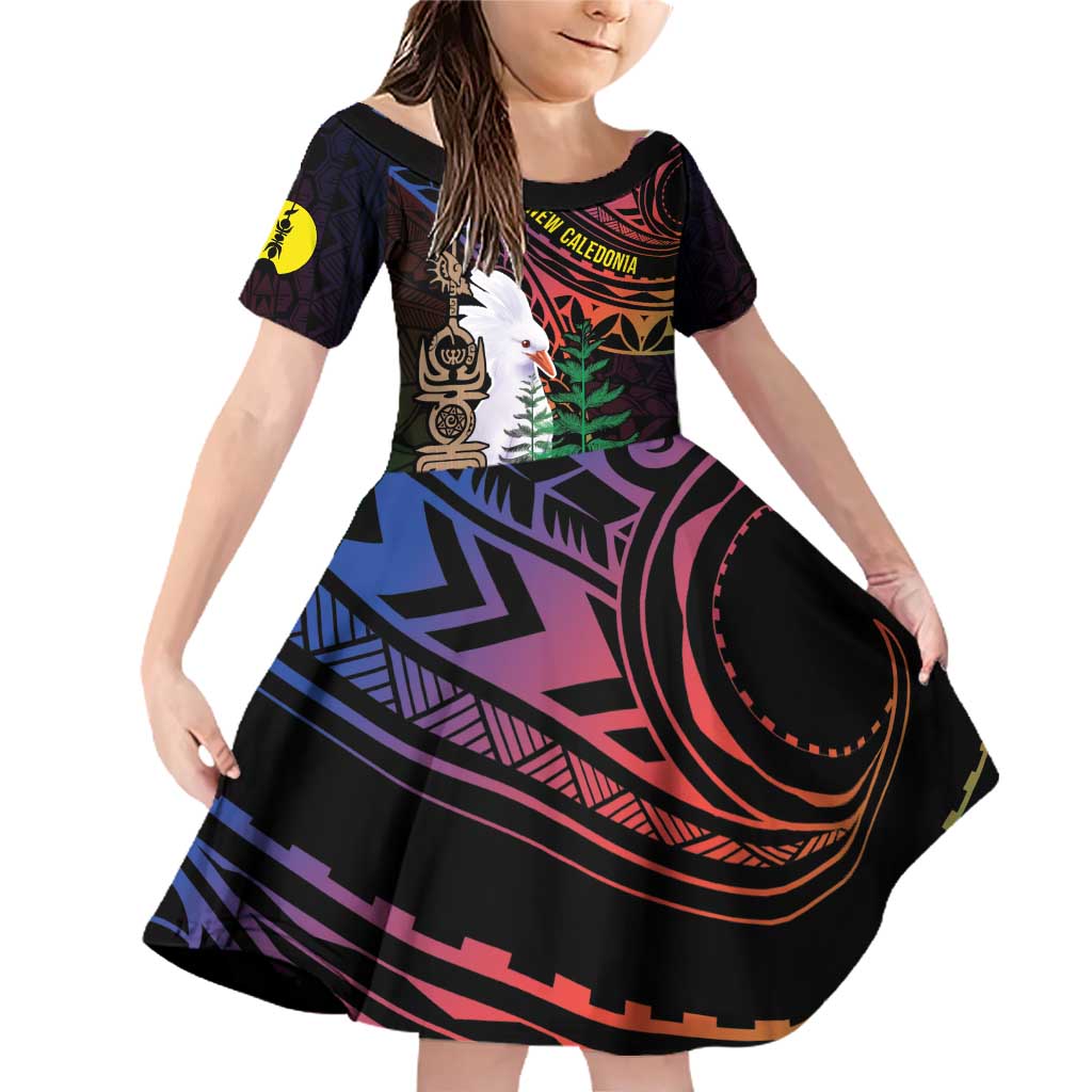 New Caledonia Kanaky Personalized Family Matching Off Shoulder Short Dress and Hawaiian Shirt Kagu Bird Emblem LT7 Daughter's Dress Black - Polynesian Pride