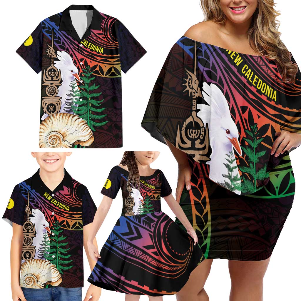 New Caledonia Kanaky Personalized Family Matching Off Shoulder Short Dress and Hawaiian Shirt Kagu Bird Emblem LT7 - Polynesian Pride
