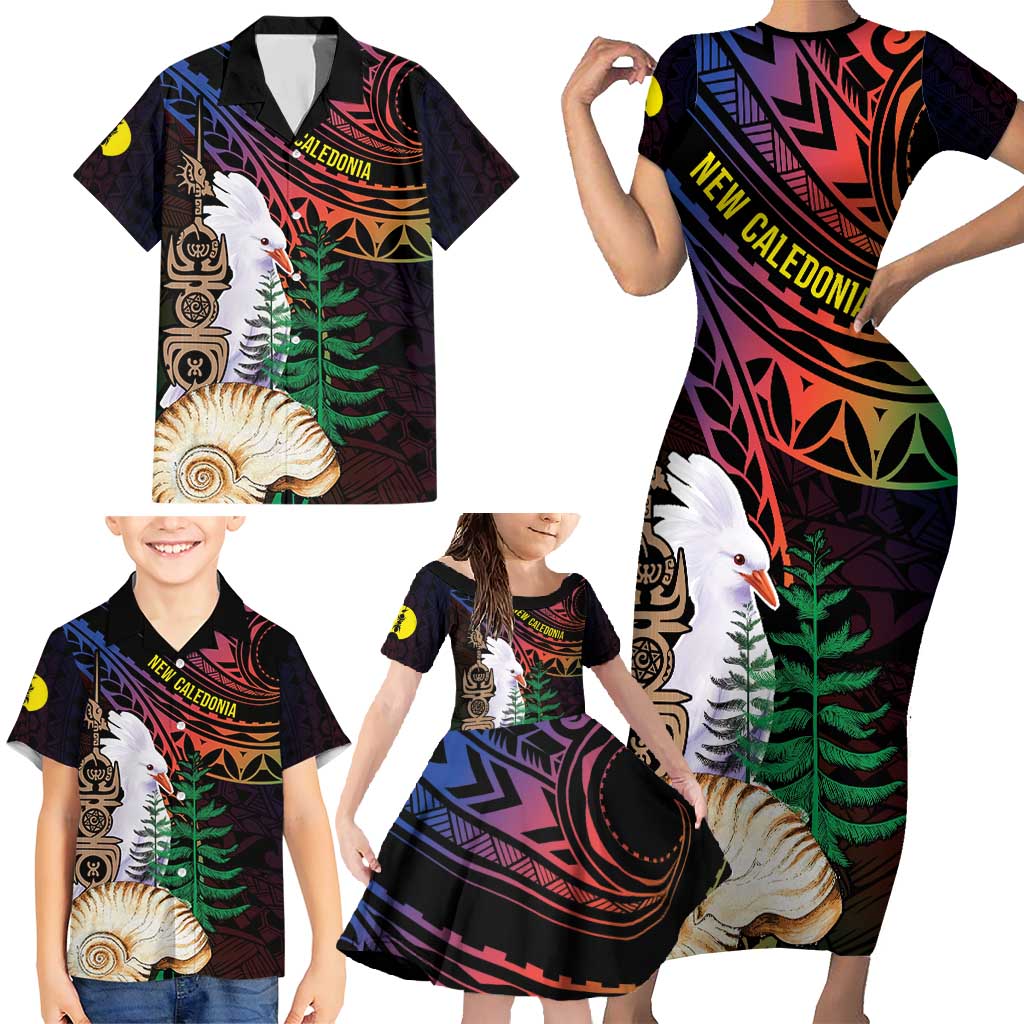 New Caledonia Kanaky Personalized Family Matching Short Sleeve Bodycon Dress and Hawaiian Shirt Kagu Bird Emblem LT7 - Polynesian Pride