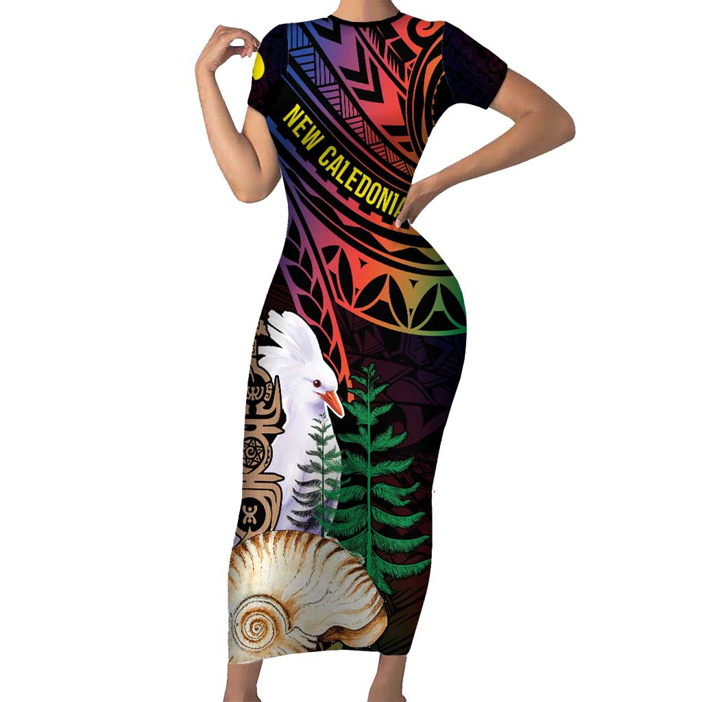 New Caledonia Kanaky Personalized Family Matching Short Sleeve Bodycon Dress and Hawaiian Shirt Kagu Bird Emblem LT7 Mom's Dress Black - Polynesian Pride