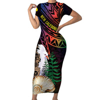 New Caledonia Kanaky Personalized Family Matching Short Sleeve Bodycon Dress and Hawaiian Shirt Kagu Bird Emblem LT7 Mom's Dress Black - Polynesian Pride