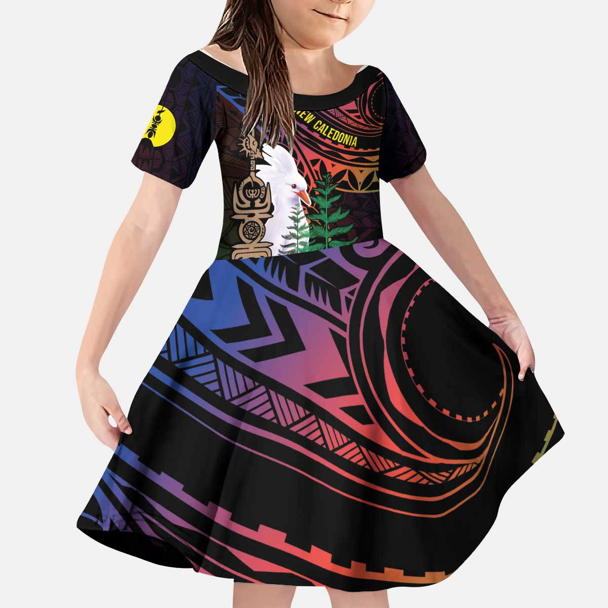 New Caledonia Kanaky Personalized Kid Short Sleeve Dress Kagu Bird Emblem - Polynesian Pride