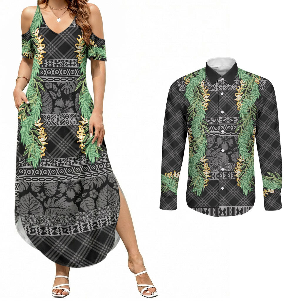 Hawai'i Paniolo Maile Twisted Lei Couples Matching Summer Maxi Dress and Long Sleeve Button Shirt Obsidian Black LT7 Black - Polynesian Pride