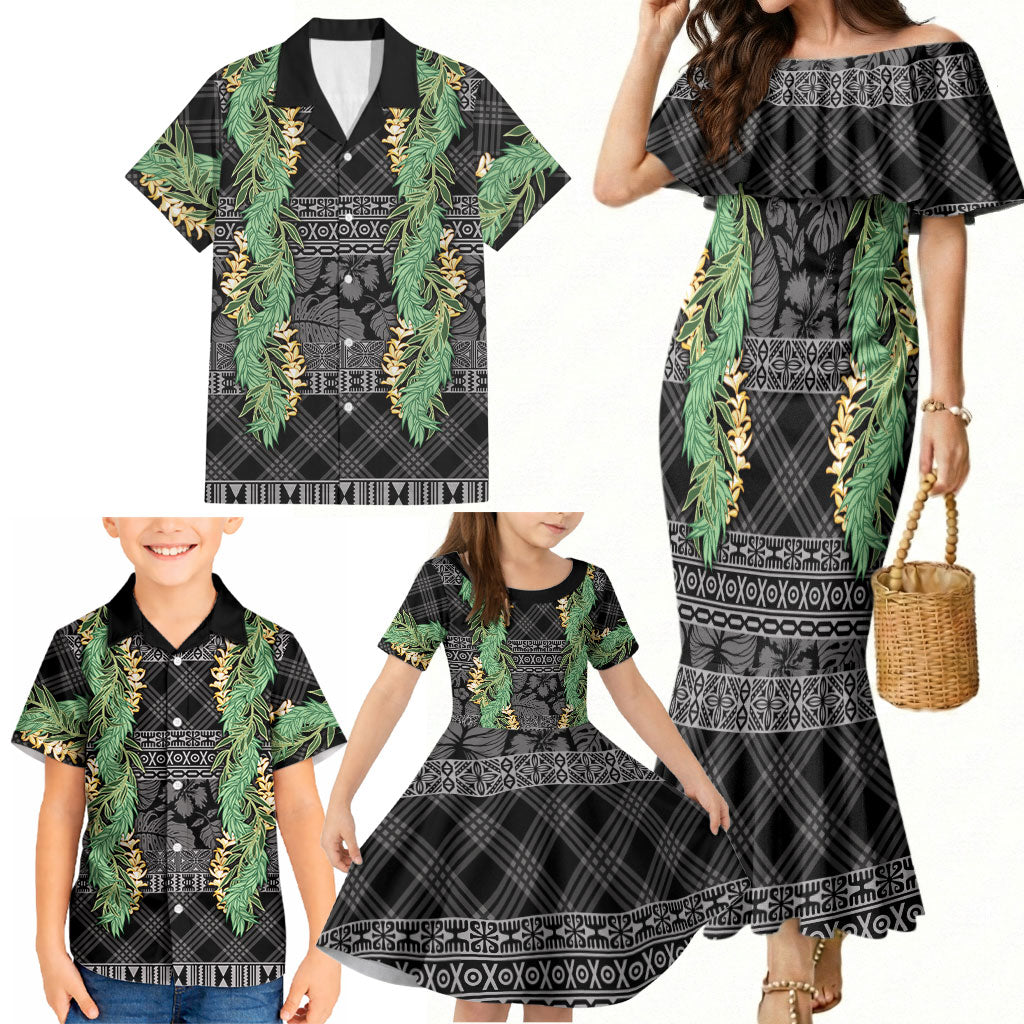 Hawai'i Paniolo Maile Twisted Lei Family Matching Mermaid Dress and Hawaiian Shirt Obsidian Black LT7 - Polynesian Pride
