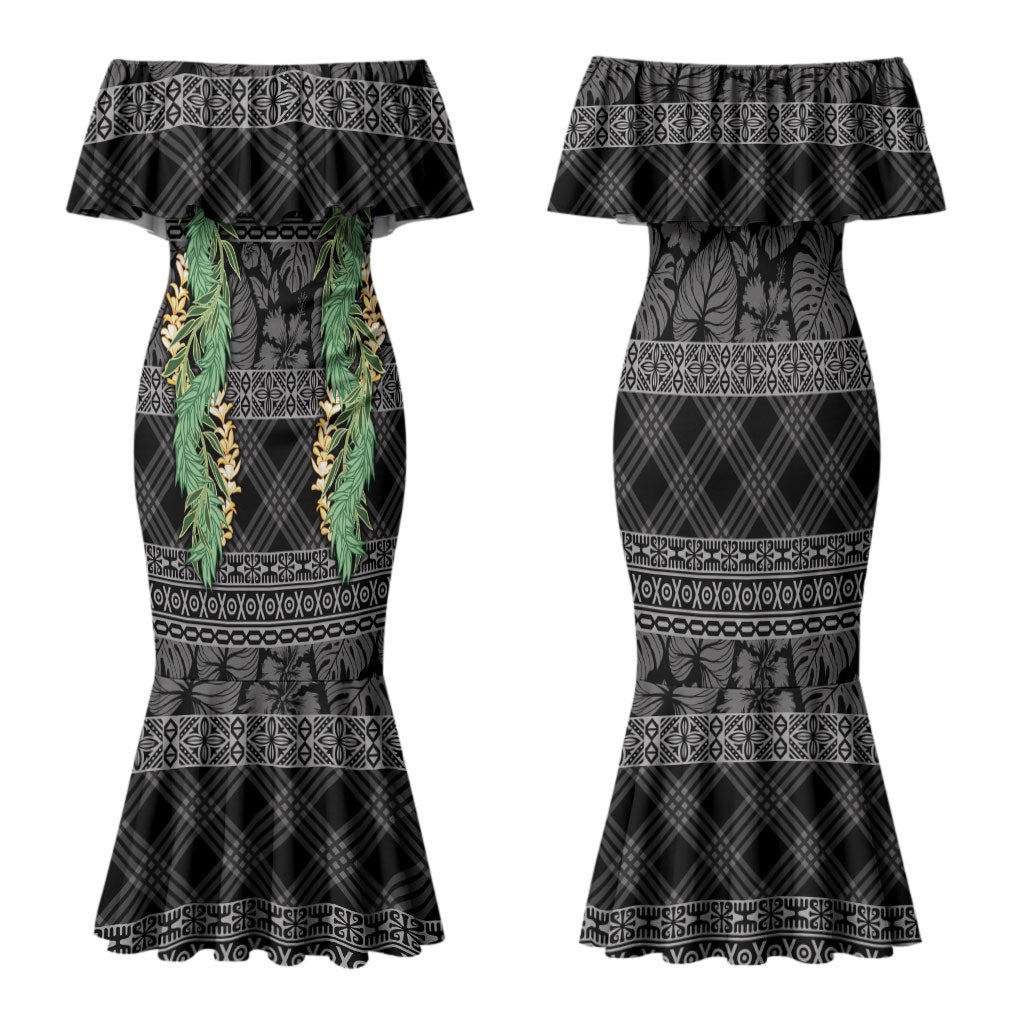 Hawai'i Paniolo Maile Twisted Lei Family Matching Mermaid Dress and Hawaiian Shirt Obsidian Black LT7 Mom's Dress Black - Polynesian Pride