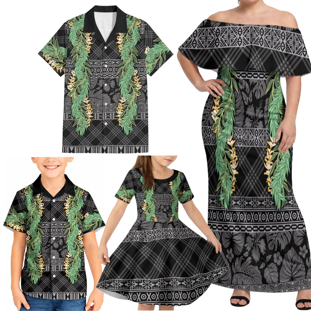 Hawai'i Paniolo Maile Twisted Lei Family Matching Off Shoulder Maxi Dress and Hawaiian Shirt Obsidian Black LT7 - Polynesian Pride