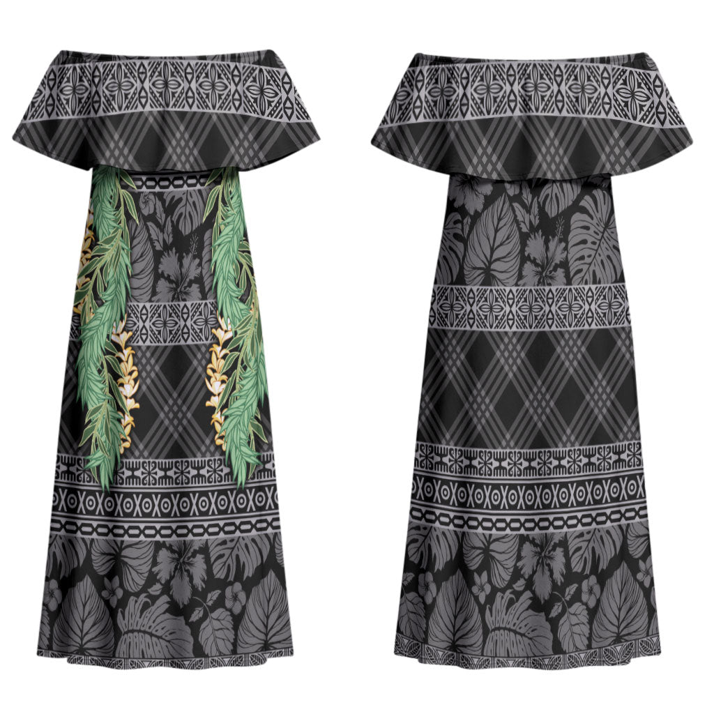 Hawai'i Paniolo Maile Twisted Lei Family Matching Off Shoulder Maxi Dress and Hawaiian Shirt Obsidian Black LT7 Mom's Dress Black - Polynesian Pride