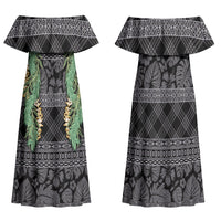 Hawai'i Paniolo Maile Twisted Lei Family Matching Off Shoulder Maxi Dress and Hawaiian Shirt Obsidian Black LT7 Mom's Dress Black - Polynesian Pride