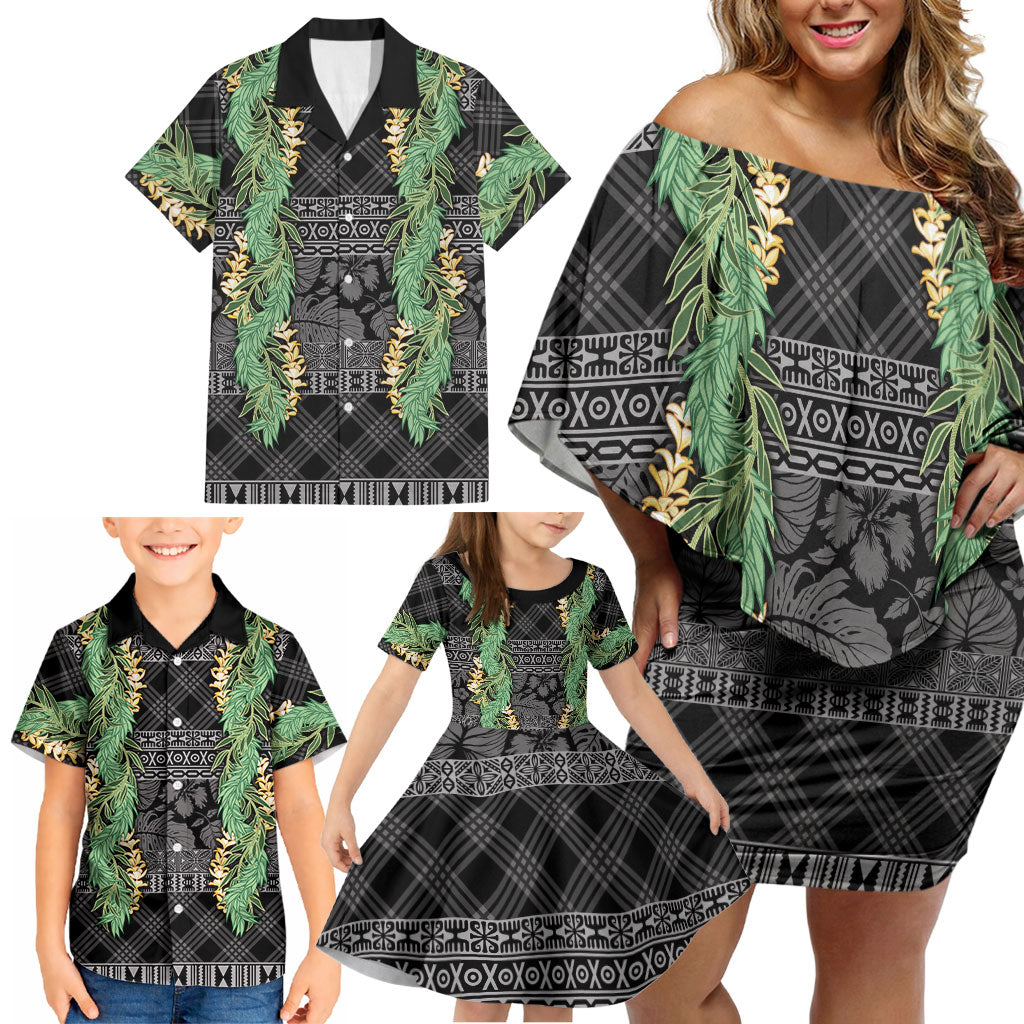 Hawai'i Paniolo Maile Twisted Lei Family Matching Off Shoulder Short Dress and Hawaiian Shirt Obsidian Black LT7 - Polynesian Pride