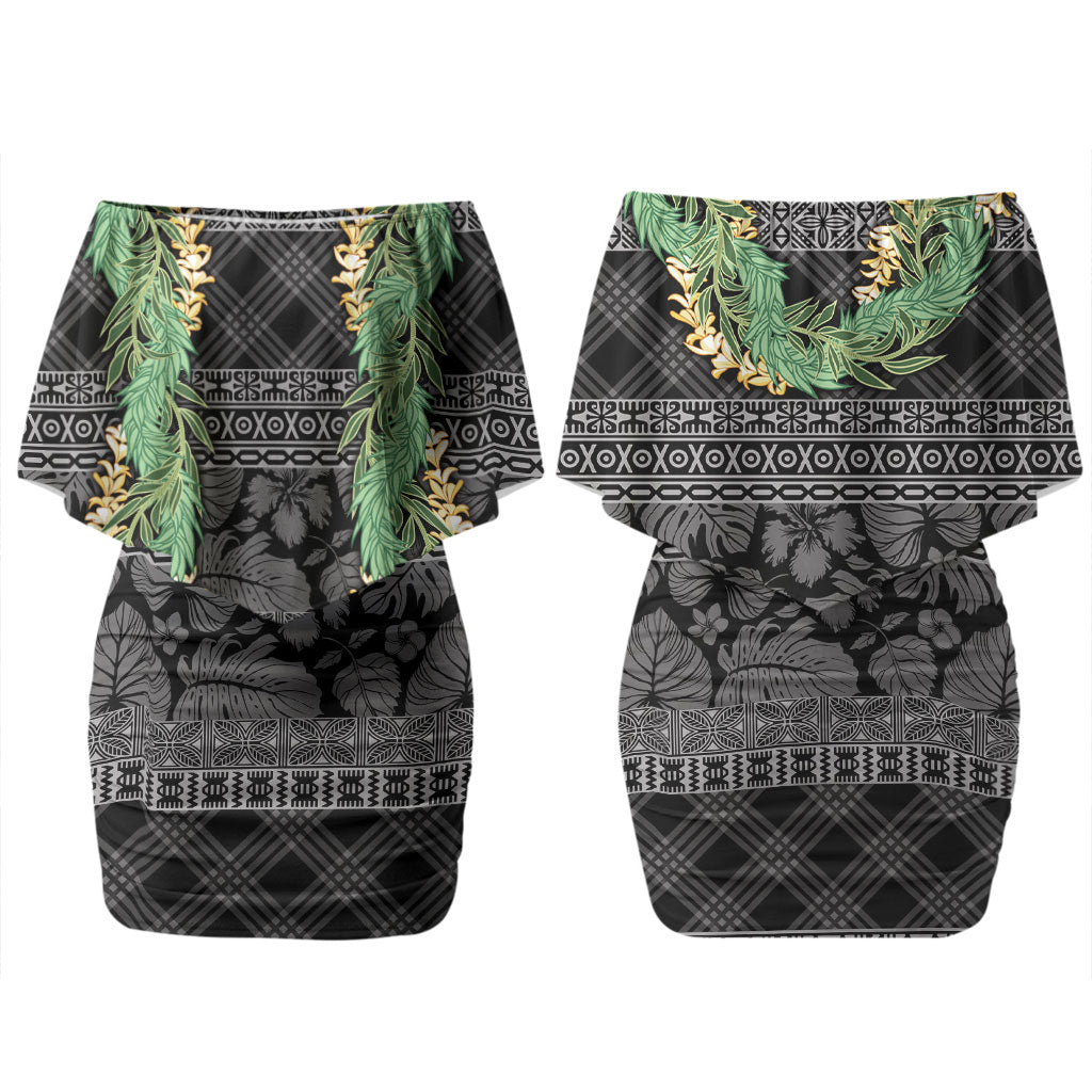 Hawai'i Paniolo Maile Twisted Lei Family Matching Off Shoulder Short Dress and Hawaiian Shirt Obsidian Black LT7 Mom's Dress Black - Polynesian Pride