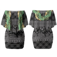 Hawai'i Paniolo Maile Twisted Lei Family Matching Off Shoulder Short Dress and Hawaiian Shirt Obsidian Black LT7 Mom's Dress Black - Polynesian Pride