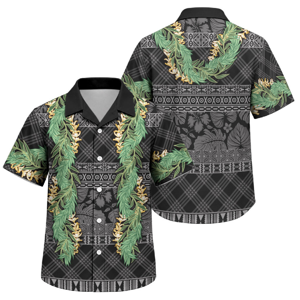 Hawai'i Paniolo Maile Twisted Lei Family Matching Off Shoulder Short Dress and Hawaiian Shirt Obsidian Black LT7 Son's Shirt Black - Polynesian Pride