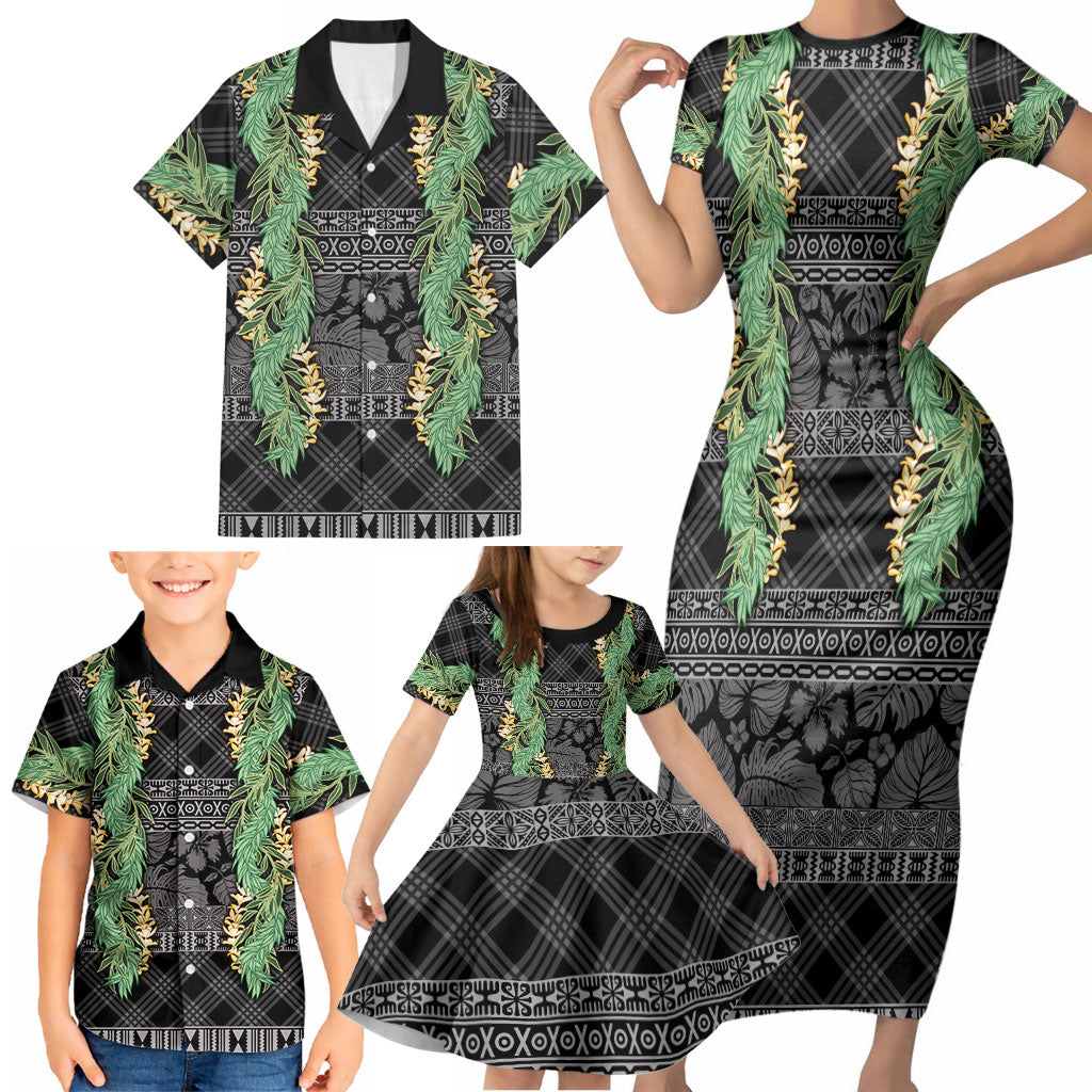 Hawai'i Paniolo Maile Twisted Lei Family Matching Short Sleeve Bodycon Dress and Hawaiian Shirt Obsidian Black LT7 - Polynesian Pride