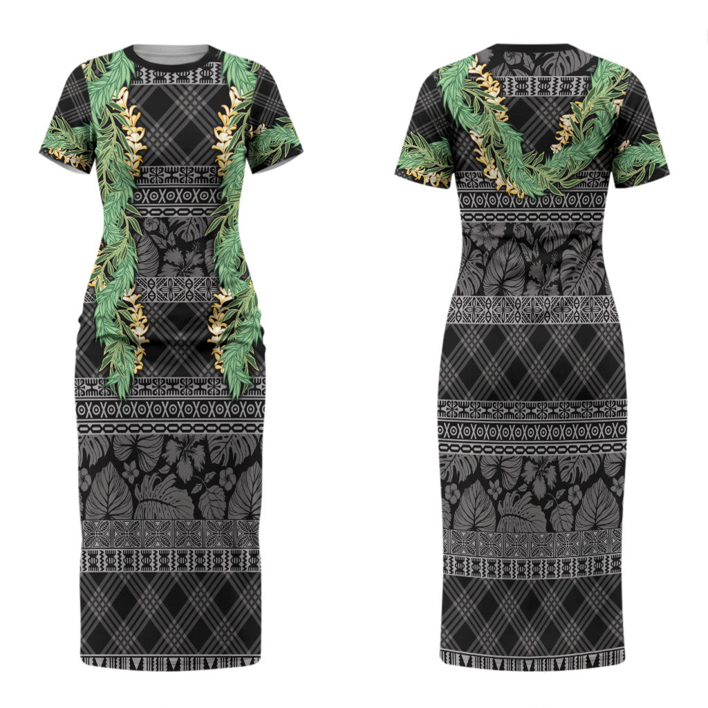 Hawai'i Paniolo Maile Twisted Lei Family Matching Short Sleeve Bodycon Dress and Hawaiian Shirt Obsidian Black LT7 Mom's Dress Black - Polynesian Pride