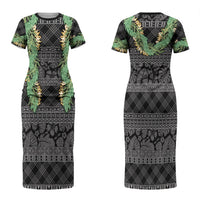 Hawai'i Paniolo Maile Twisted Lei Family Matching Short Sleeve Bodycon Dress and Hawaiian Shirt Obsidian Black LT7 Mom's Dress Black - Polynesian Pride