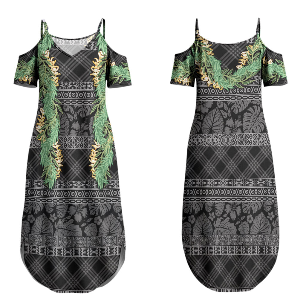Hawai'i Paniolo Maile Twisted Lei Family Matching Summer Maxi Dress and Hawaiian Shirt Obsidian Black LT7 Mom's Dress Black - Polynesian Pride