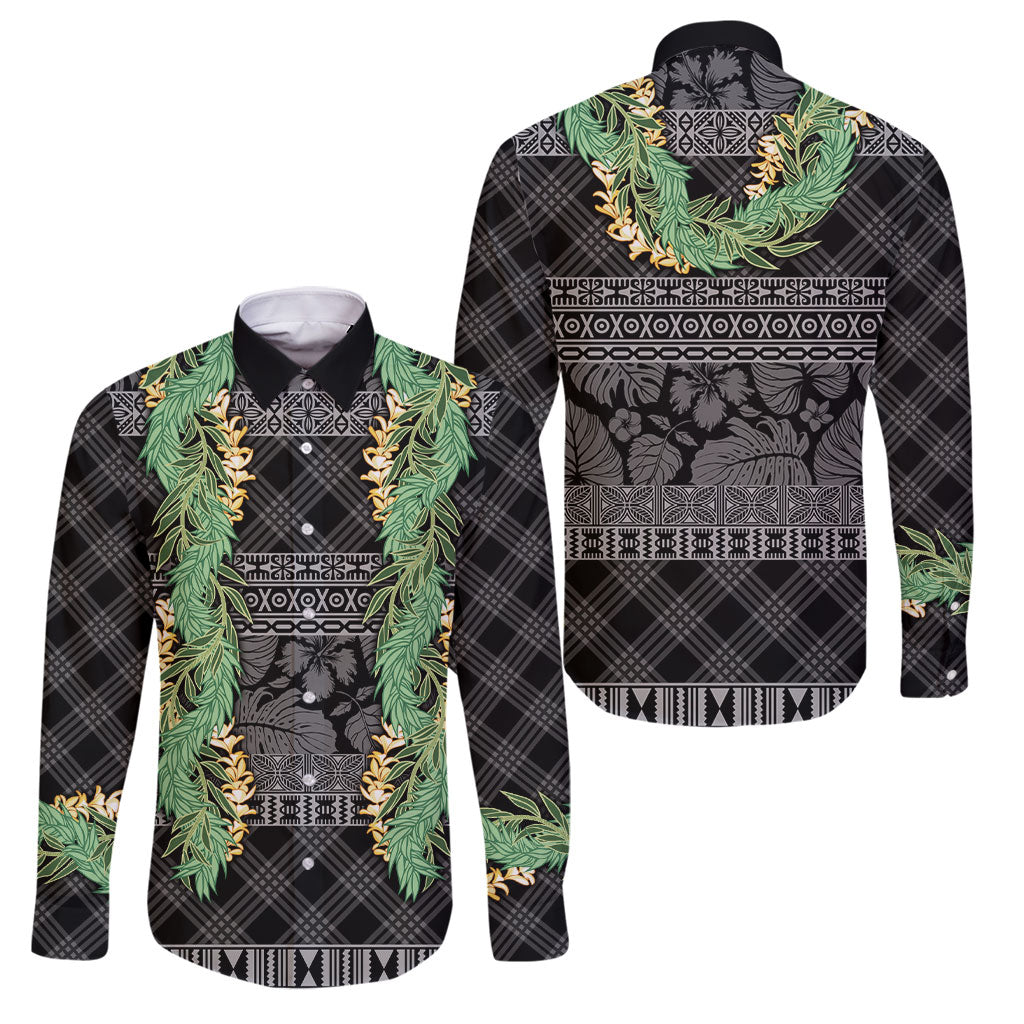 Hawai'i Paniolo Maile Twisted Lei Family Matching Summer Maxi Dress and Hawaiian Shirt Obsidian Black LT7 Dad's Shirt - Long Sleeve Black - Polynesian Pride