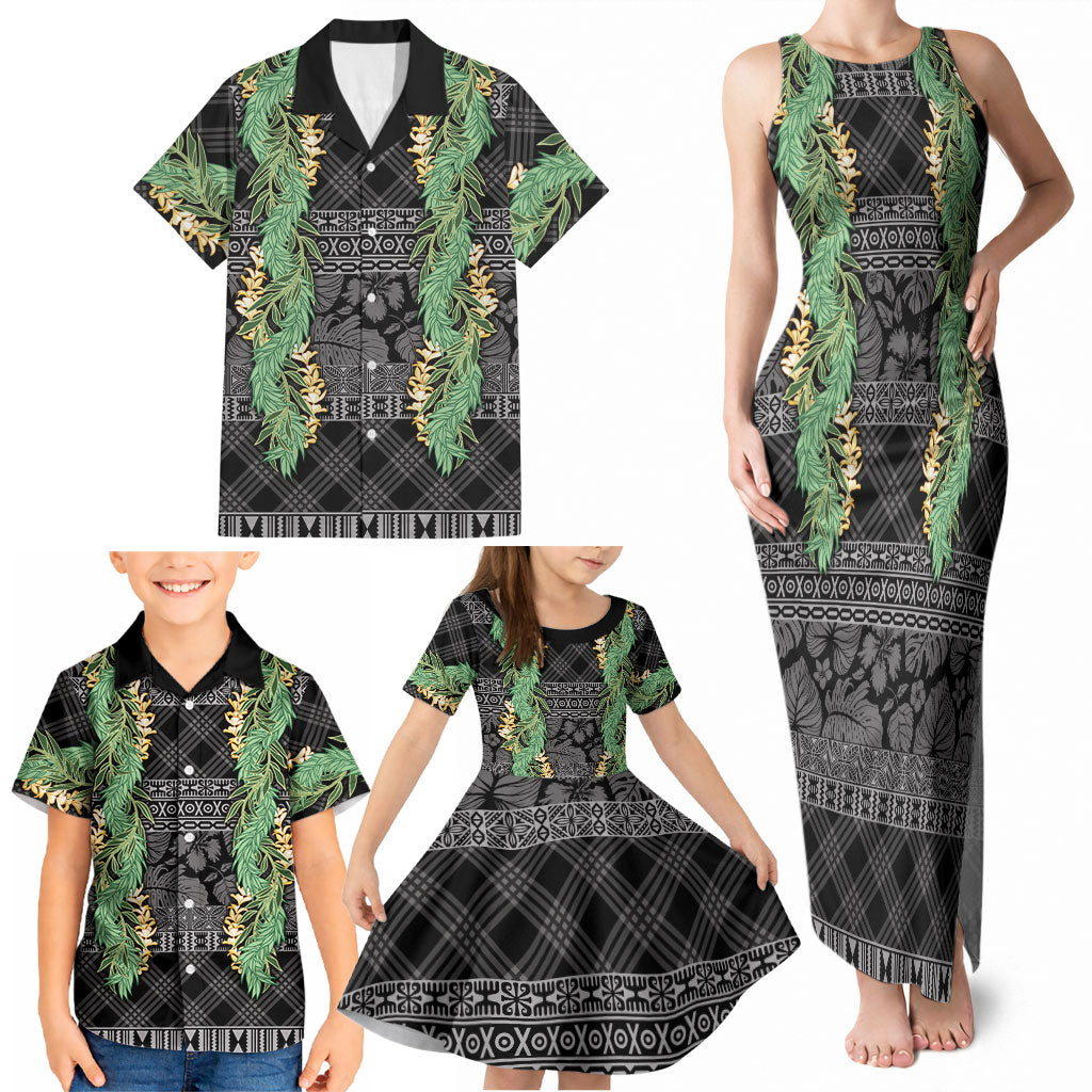 Hawai'i Paniolo Maile Twisted Lei Family Matching Tank Maxi Dress and Hawaiian Shirt Obsidian Black LT7 - Polynesian Pride