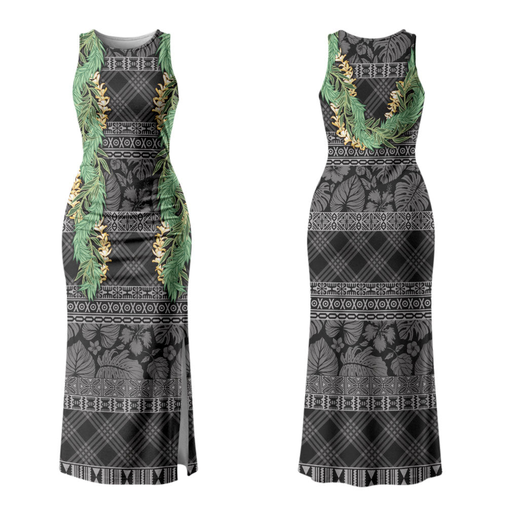 Hawai'i Paniolo Maile Twisted Lei Family Matching Tank Maxi Dress and Hawaiian Shirt Obsidian Black LT7 Mom's Dress Black - Polynesian Pride