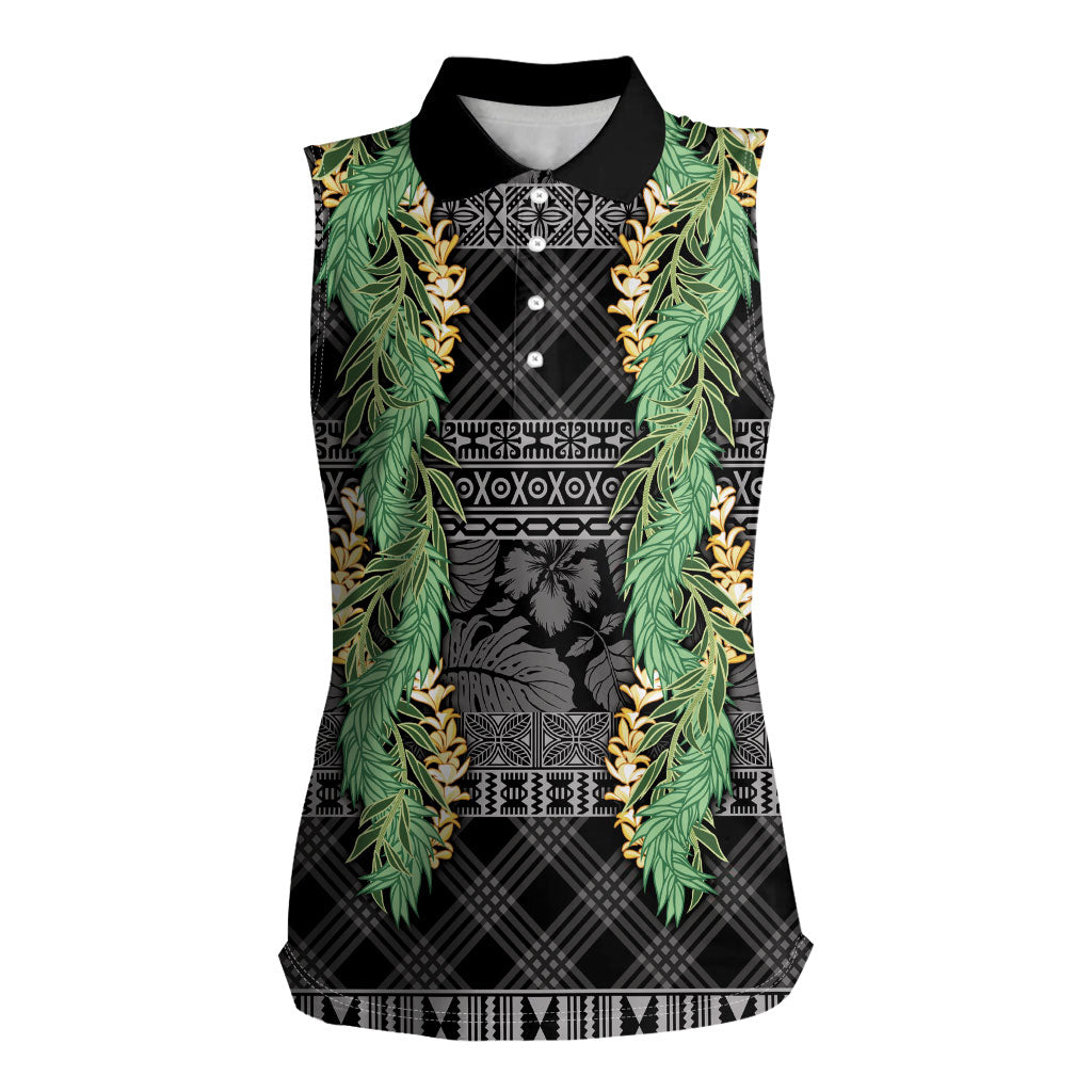 Hawai'i Paniolo Maile Twisted Lei Women Sleeveless Polo Shirt Obsidian Black LT7 Female Black - Polynesian Pride